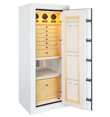Nana - Emerald Jewelry Safe in White with 7 Drawers +File in Maple, 3 Watch Winders, Oil Rubbed Bronze, Champagne, Neck Panel