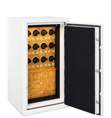 Denali Watch Safe in Alabaster with Ebony Microsuede, 3 Push to Open/Close, Tamo Ash Drawers and 12 Programmable Watch Winders