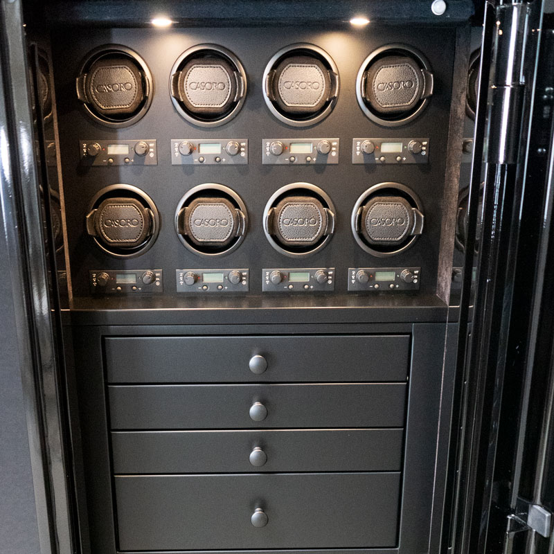 Front Close Up Amethyst TL15 High Security in Black Onyx with 4 Blackwood Drawers for Jewelry, Matte Black Hardware, Ebony Microsuede, 8 WOLF Watch Winders