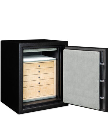 C21 in Textured Black, Chrome Hardware, 5 Curly Maple Drawers