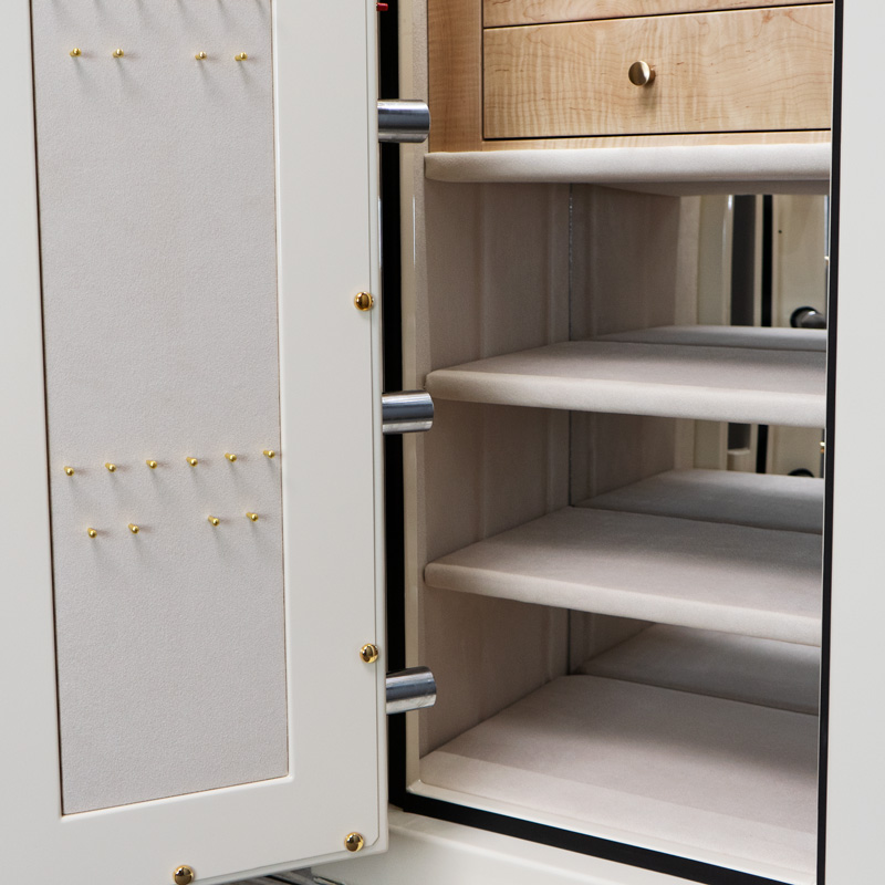 Interior Shelves of Finch - Emerald Jewelry Safe in Warm Cream with 7 Drawers in Curly Maple, Brass, Champagne, Neck Panel