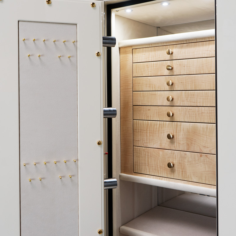 Interior Drawers of Finch - Emerald Jewelry Safe in Warm Cream with 7 Drawers in Curly Maple, Brass, Champagne, Neck Panel