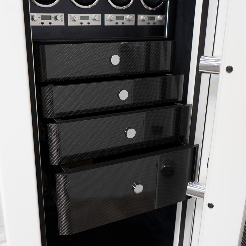 Interior Close Up of 4 Carbon Fiber Push-To-Open Drawers in Aster - Kairos K2 Luxury Watch Safe in Alabaster, 16 Wolf Watch Winders, Polished Chrome, RSCII Security