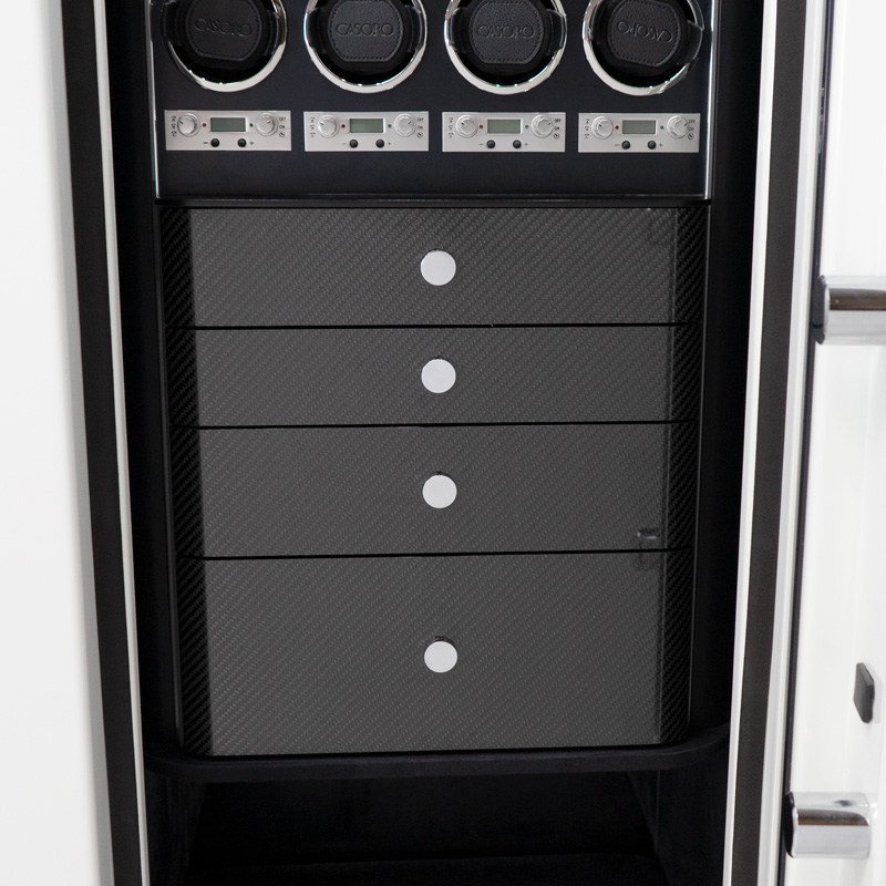 Interior Drawers in Aster - Kairos K2 Luxury Watch Safe in Alabaster, 4 Carbon Fiber Push-To-Open Drawers, 16 Wolf Watch Winders, Polished Chrome, RSCII Security