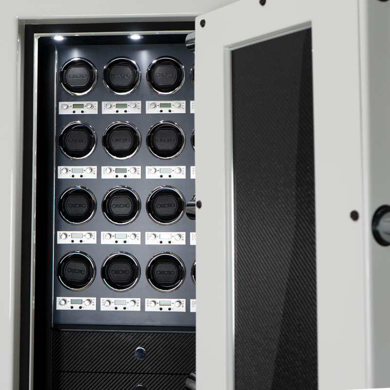 Interior Door in Aster - Kairos K2 Luxury Watch Safe in Alabaster, 4 Carbon Fiber Push-To-Open Drawers, 16 Wolf Watch Winders, Polished Chrome, RSCII Security