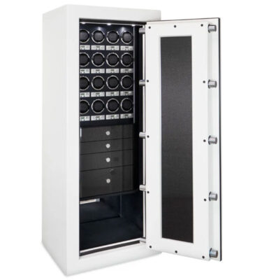 Aster - Kairos K2 Luxury Watch Safe in Alabaster, 4 Carbon Fiber Push-To-Open Drawers, 16 Wolf Watch Winders, Polished Chrome, RSCII Security