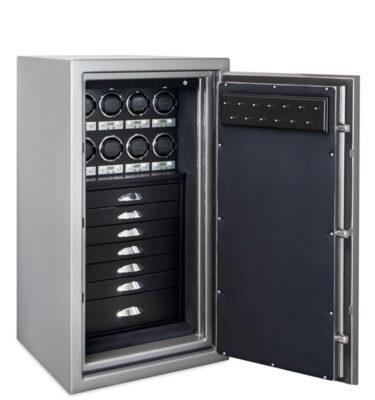 Amethyst in Titanium, Chrome, 7 Blackwood Drawers, 8 WOLF Watch Winders, Ebony Microsuede, Necklace Rack