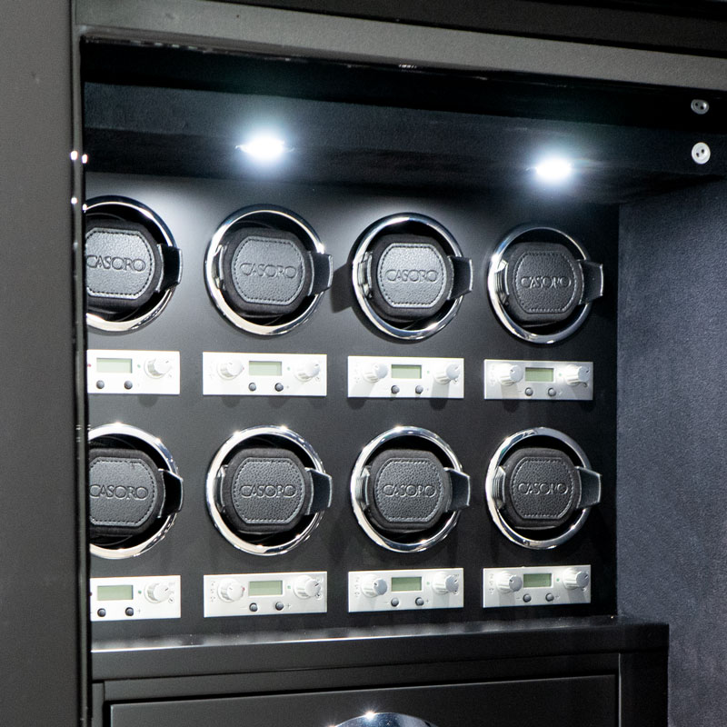 Interior Watch Winders of Arnold - Amethyst in Onyx, Chrome Hardware, 6 Blackwood Drawers, 8 Wolf Watch Winders, Ebony Microsuede