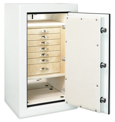 Davi - Amethyst in Alabaster with Satin Chrome Hardware, 7 Curly Maple Drawers for Jewelry, Champagne Microsuede