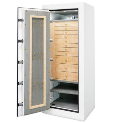 C54 (left swing) in Textured White with Brass, 11 Drawers in Curly Maple, Necklace Panel
