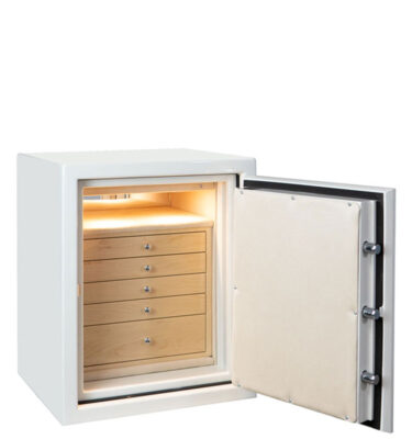 Sapphire Jewelry Safe in Alabaster, Polished Chrome, 5 Curly Maple Drawers, Champagne Microsuede