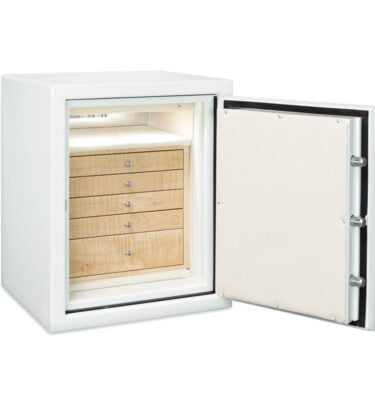 Sapphire Jewelry Safe in Alabaster, Polished Chrome, 5 Curly Maple Drawers, Champagne Microsuede