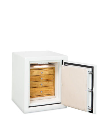 Topaz Jewelry Safe with Alabaster Gloss, Oyster Microsuede, 4 Zebra Drawers with Polished Chrome Hardware