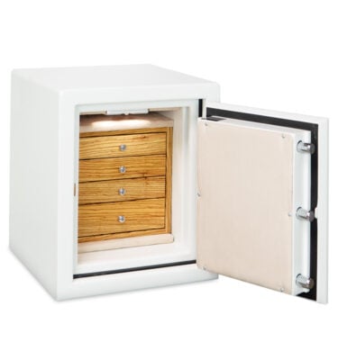 Topaz Jewelry Safe with Alabaster Gloss, Oyster Microsuede, 4 Zebra Drawers with Polished Chrome Hardware