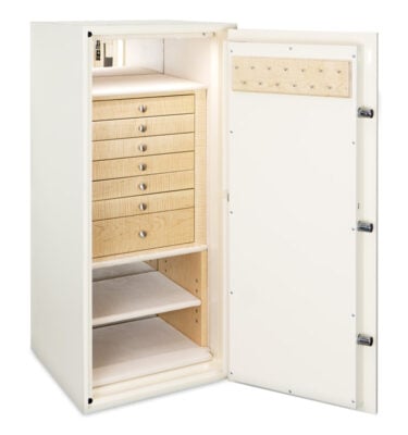Amethyst TL15 High Security in Warm Cream with 7 Curly Maple Drawers for Jewelry, Chrome Hardware, Champagne Microsuede