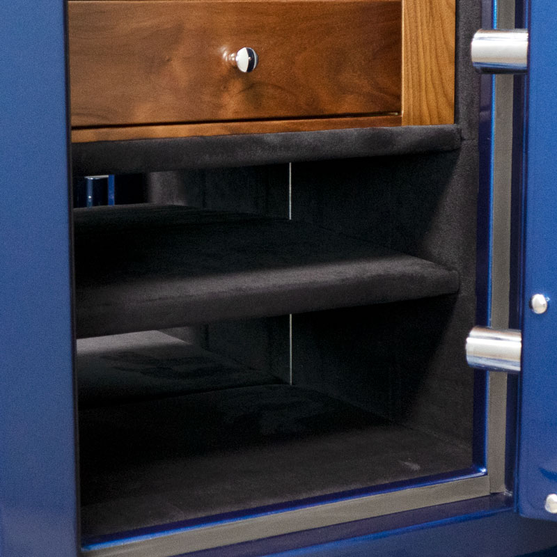 Shelves of Emerald Luxury Watch & Jewelry Safe in Cobalt Blue with Polished Chrome, 6 Walnut Drawers for Jewelry, 12 WOLF Watch Winders, Necklace Panel