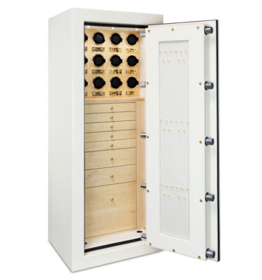 Mila - Emerald RSCII Jewelry Safe in Warm Cream with 7 Drawers + File Drawer in Maple, Brass, Champagne, Neck Panel