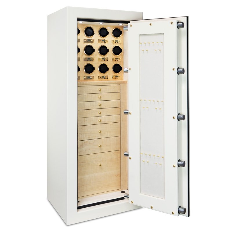 Mila - Emerald RSCII Jewelry Safe in Warm Cream with 7 Drawers + File Drawer in Maple, Brass, Champagne, Neck Panel