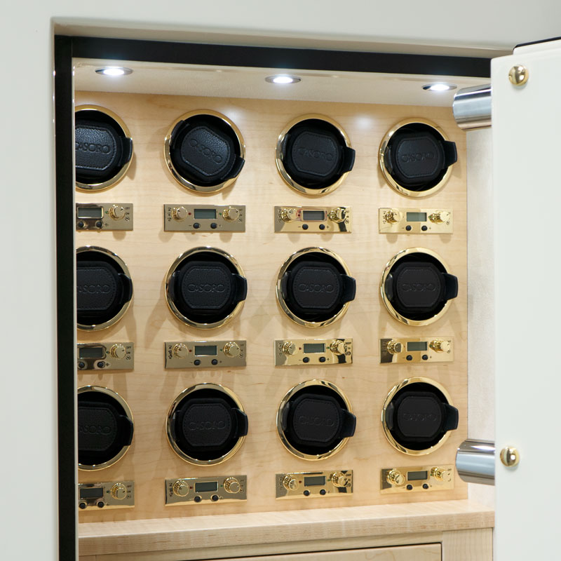 Watch Winders of Mila - Emerald RSCII Jewelry Safe in Warm Cream with 7 Drawers + File Drawer in Maple, Brass, Champagne, Neck Panel