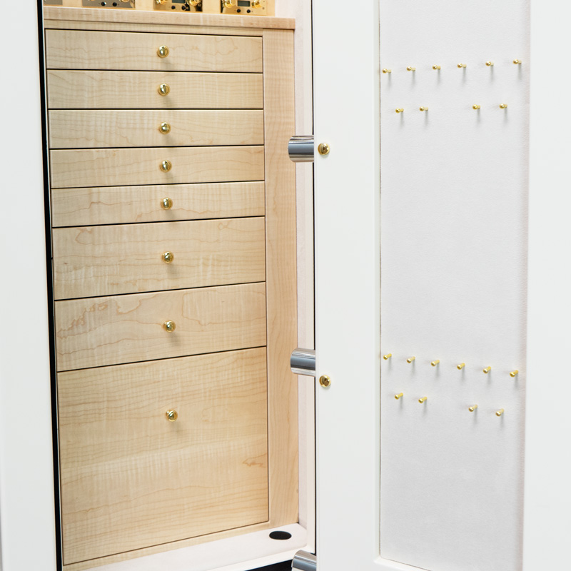 Drawers of Mila - Emerald RSCII Jewelry Safe in Warm Cream with 7 Drawers + File Drawer in Maple, Brass, Champagne, Neck Panel