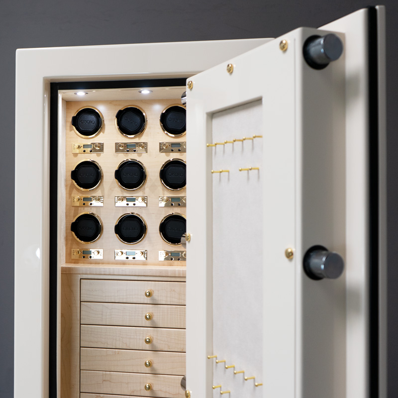 Door of Mila - Emerald RSCII Jewelry Safe in Warm Cream with 7 Drawers + File Drawer in Maple, Brass, Champagne, Neck Panel