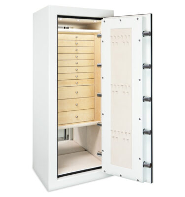 Emerald in Alabaster, Satin Chrome, Birdseye Maple, Champagne, 11 Drawers, Necklace Panel