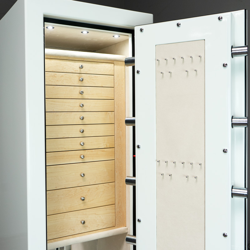 Open Front of Emerald in Alabaster, Satin Chrome, Birdseye Maple, Champagne, 11 Drawers, Necklace Panel