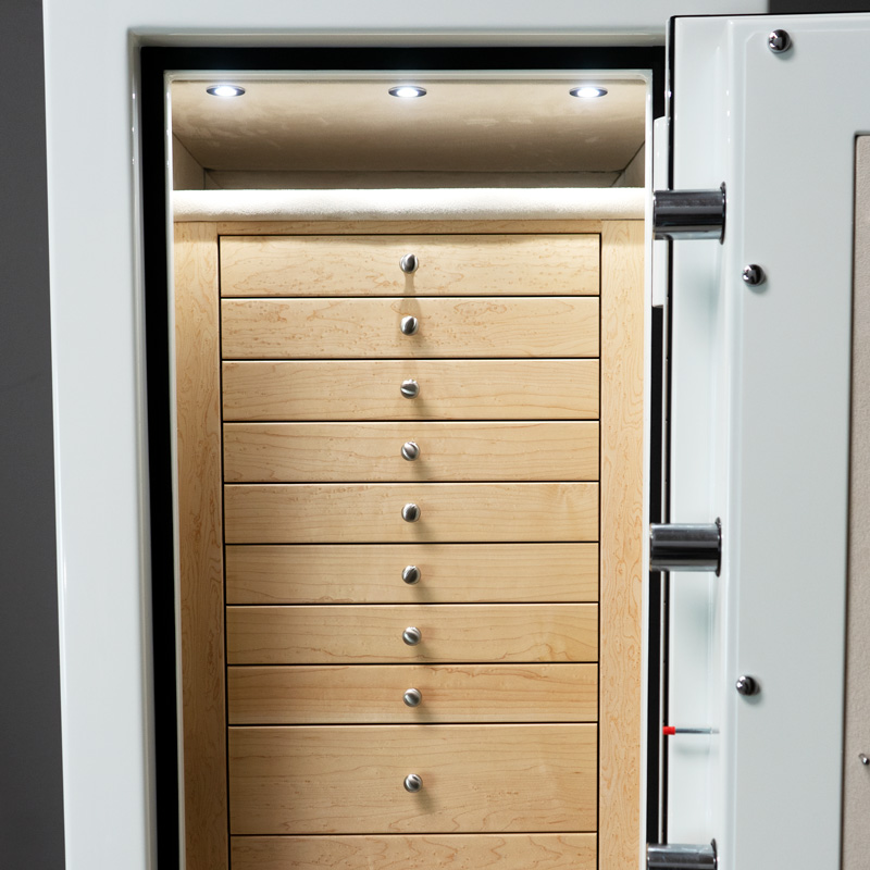 Drawers Front of Emerald in Alabaster, Satin Chrome, Birdseye Maple, Champagne, 11 Drawers, Necklace Panel