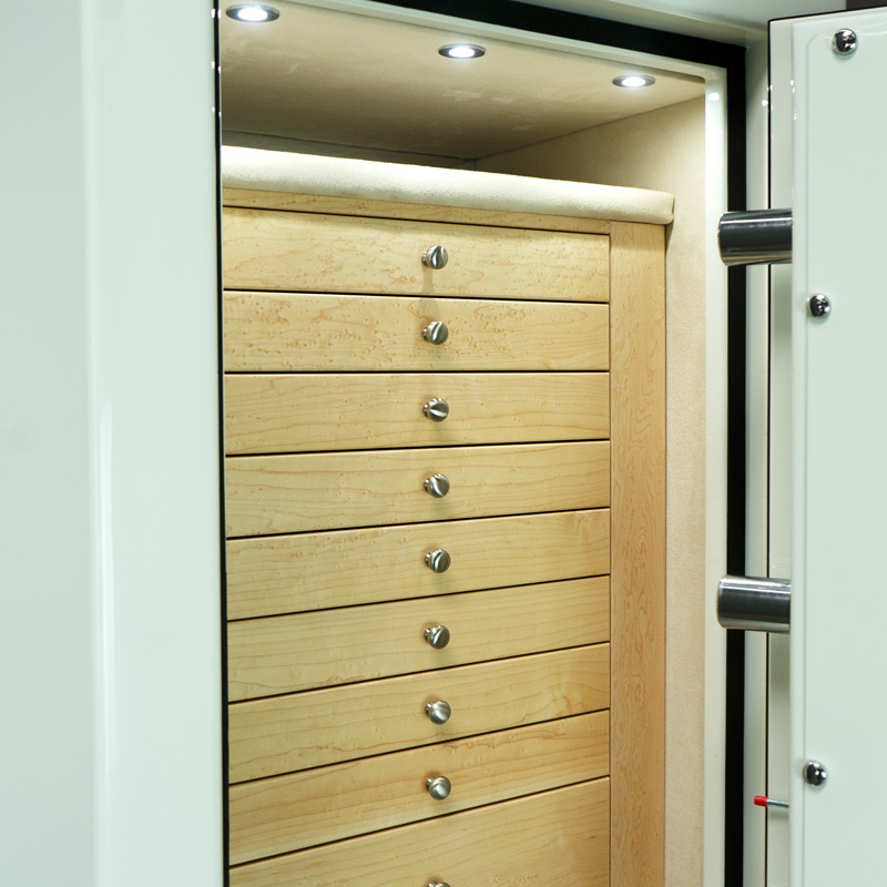 Drawers of Emerald in Alabaster, Satin Chrome, Birdseye Maple, Champagne, 11 Drawers, Necklace Panel