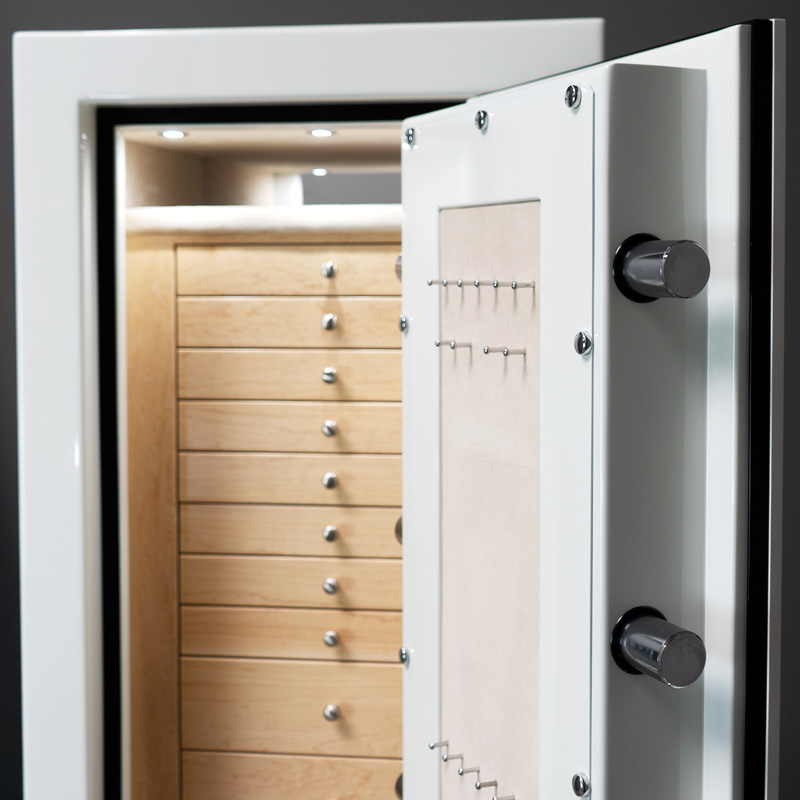 Door of Emerald in Alabaster, Satin Chrome, Birdseye Maple, Champagne, 11 Drawers, Necklace Panel