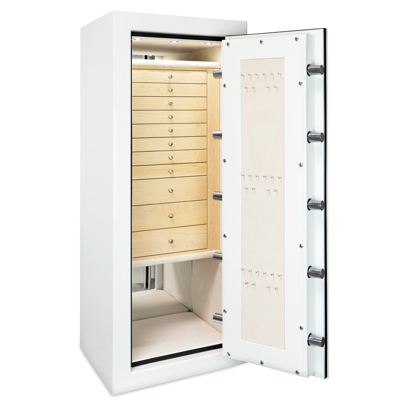 Emerald in Alabaster, Satin Chrome, Birdseye Maple, Champagne, 11 Drawers, Necklace Panel