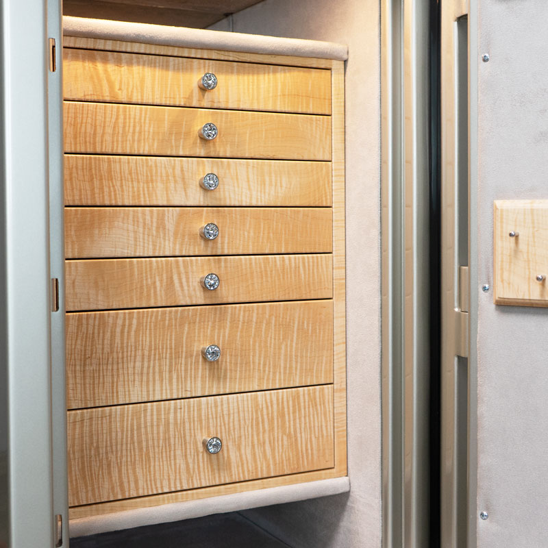 Drawers of Amethyst in Platinum High Gloss, 7 Curly Maple Drawers with Diamond Knobs, Necklace Rack, Satin Chrome Hardware, Champagne Microsuede
