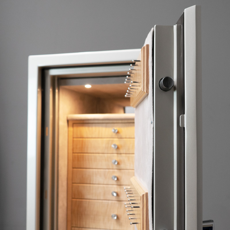 Door of Amethyst in Platinum High Gloss, 7 Curly Maple Drawers with Diamond Knobs, Necklace Rack, Satin Chrome Hardware, Champagne Microsuede