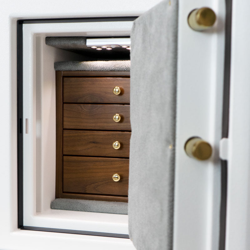 Door of C15 in Textured White with 4 Walnut Drawers and Brass Hardware