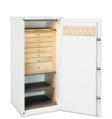 C34 TL15 High Security Jewelry Safe (mid-size) Textured White, 7 Curly Maple Jewelry Drawers, Necklace Rack