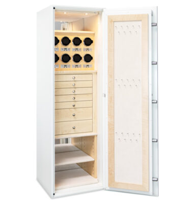 Emerald TL15 Jewelry & Watch Safe in Alabaster White, 7 Curly Maple Drawers, Satin Chrome Hardware, Champagne Microsuede, 8 Watch Winders, Necklace Panel