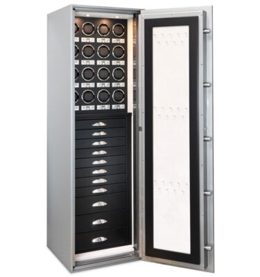 Emerald TL15 in Titanium, 7 Blackwood Drawers, Chrome Hardware, Silver Mist Microsuede, 12 Watch Winders, Necklace Panel