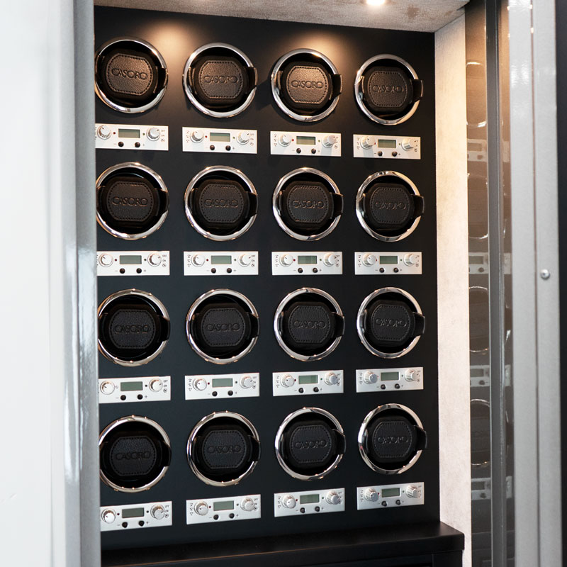 Watch Winders of Emerald TL15 in Titanium, 7 Blackwood Drawers, Chrome Hardware, Silver Mist Microsuede, 12 Watch Winders, Necklace Panel