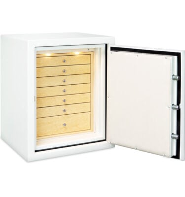 Sapphire Jewelry Safe in Alabaster with Polished Chrome, Birdseye Maple, Champagne, 7 Drawers