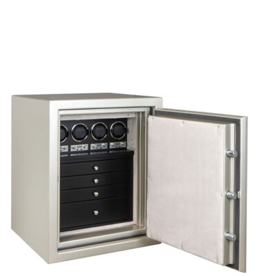 Sapphire in Platinum High Gloss, 4 WOLF Watch Winders, 4 Blackwood Jewelry Drawers, Satin Chrome Hardware