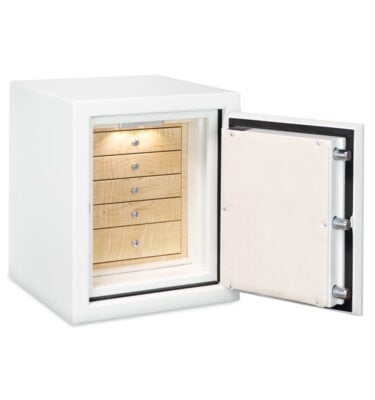 Topaz (compact, extra small) Jewelry Safe in Alabaster with Chrome Hardware, 5 Curly Maple Drawers, Champagne Microsuede