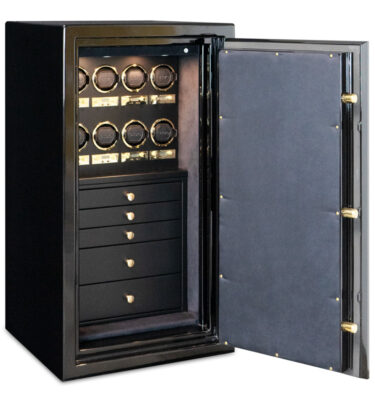 Amethyst in Onyx, Brass Hardware, Blackwood, 8 Wolf Watch Winders, 5 Drawers, Ebony Microsuede
