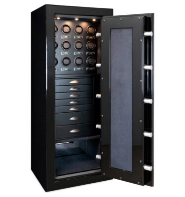 Emerald in Onyx, 7 Drawers in Blackwood, Matte Black Hardware, Ebony Microsuede, 12 Watch Winders