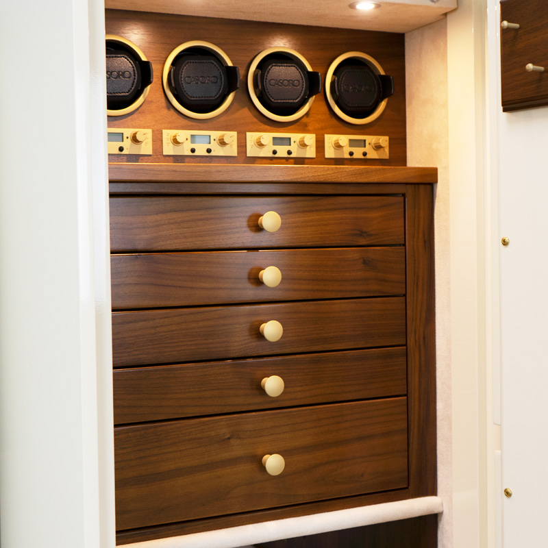 Drawers of Amethyst TL15 Stealth High Security Jewelry & Watch Safe in Warm Cream, Satin Gold Hardware, Walnut Interior, 4 Wolf Watch Winders, 4 Drawers, Champagne Microsuede, Necklace Rack