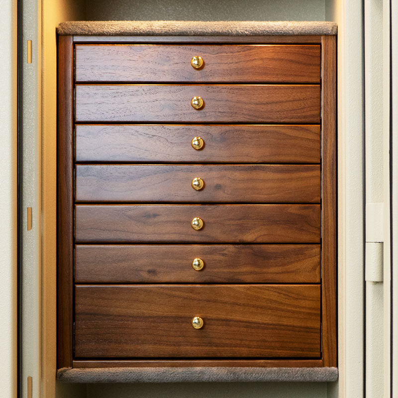 Front of C34 in Textured Parchment, Brass Hardware, 7 Walnut Drawers, Necklace Rack