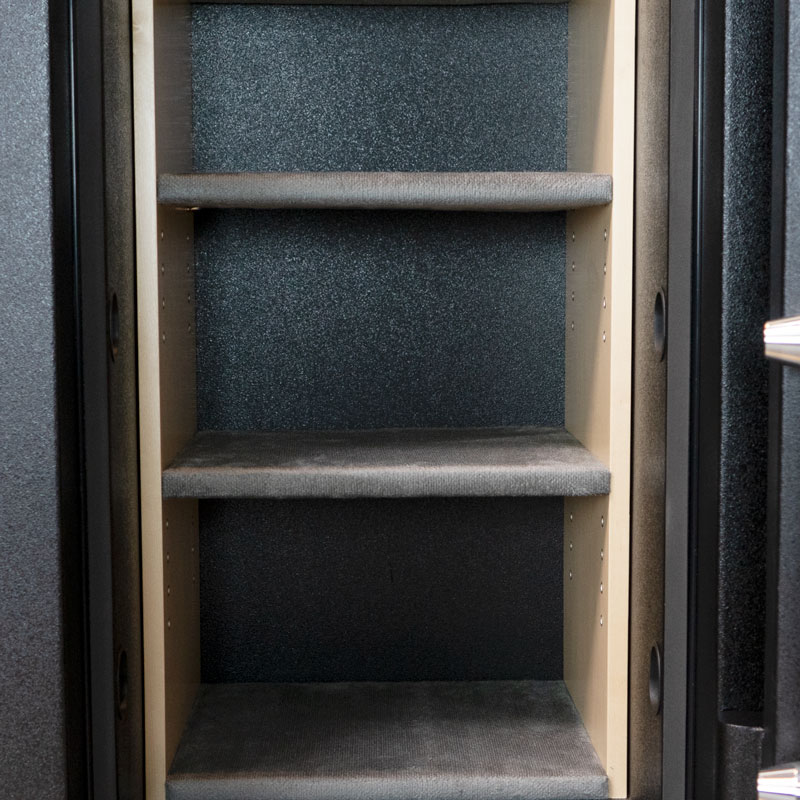 Shelves (front) of C54 TL15 High Security Jewelry Safe in Textured Black, Chrome, 7 Drawers and Necklace Panel in Curly Maple