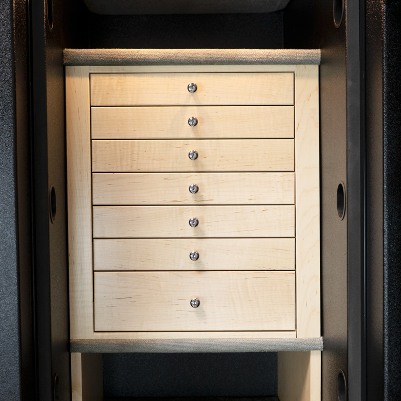 Drawers (front) of C54 TL15 High Security Jewelry Safe in Textured Black, Chrome, 7 Drawers and Necklace Panel in Curly Maple