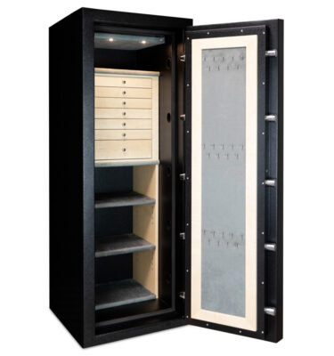 Affordable C54 TL15 High Security Jewelry Safe in Textured Black, Chrome, 7 Drawers and Necklace Panel in Curly Maple