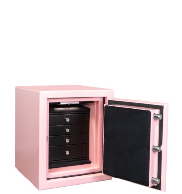 Topaz Jewelry Safe in Precious Pink with 4 Blackwood drawers, Chrome Hardware, Diamond Knobs