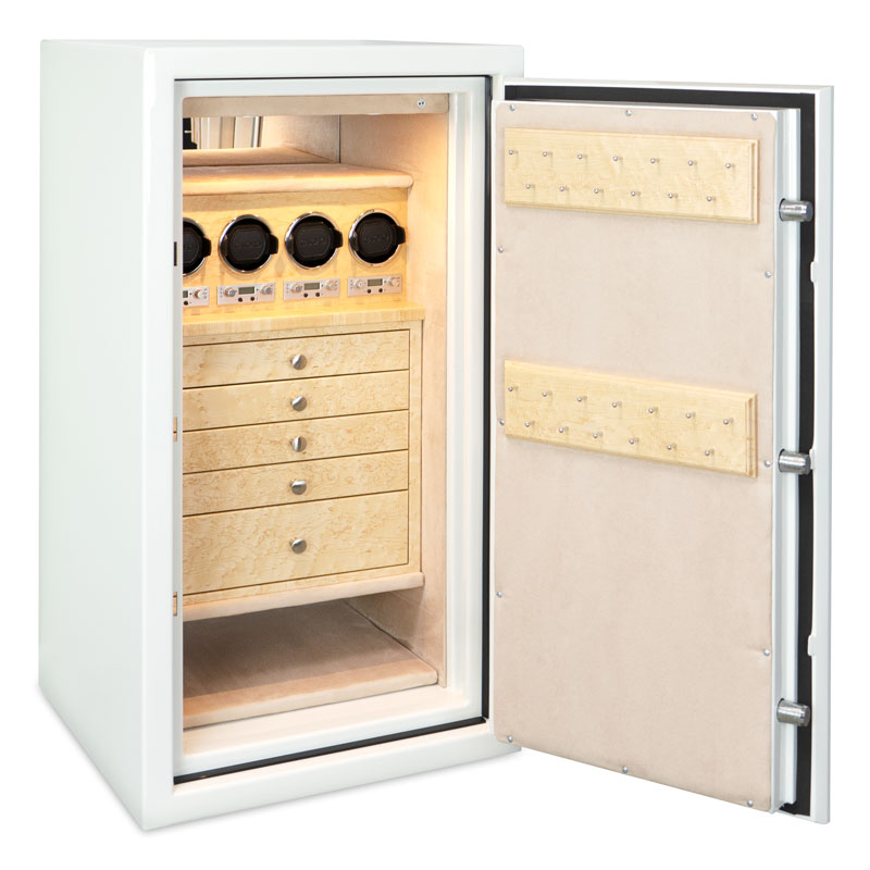 Junco - Amethyst Jewelry Safe in Alabaster, Satin Chrome Hardware, Birdseye Maple Finish, Oyster Microsuede Interior, 5 Drawers, 4 Wolf 1834 Watch Winders, Necklace Racks